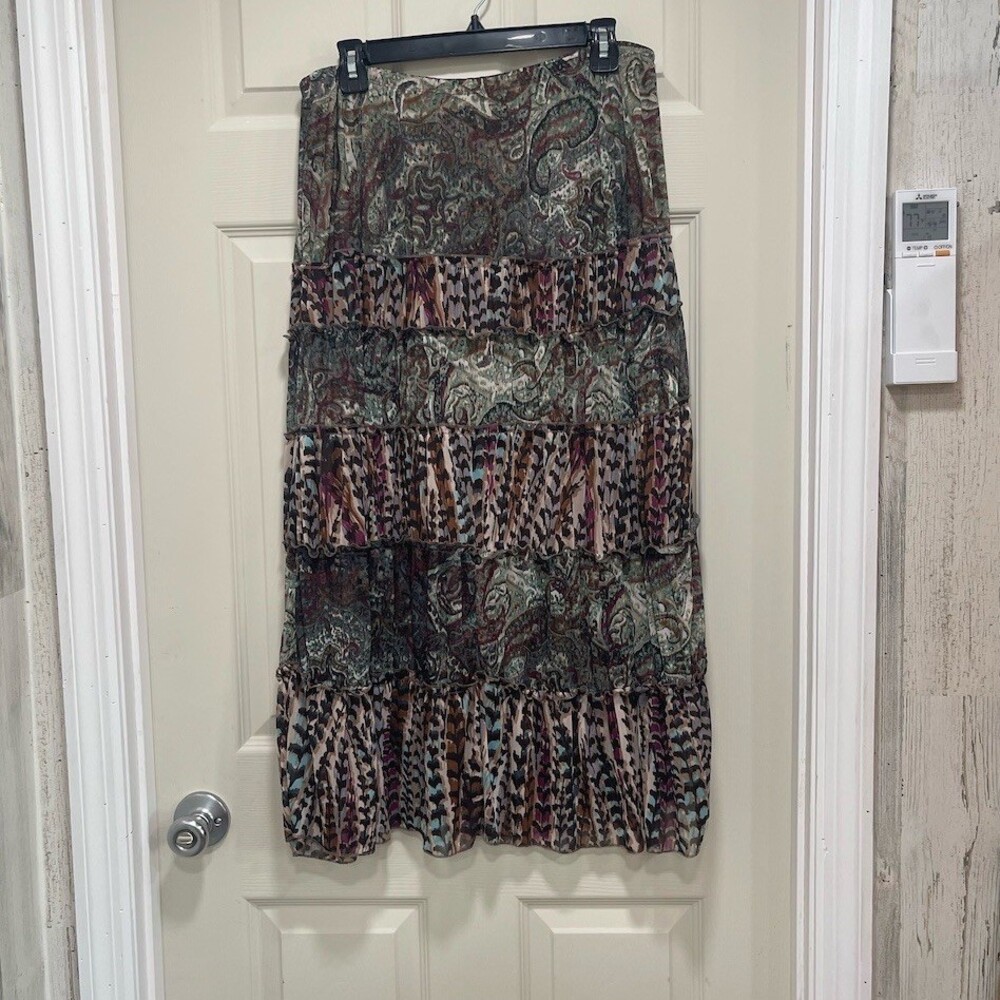 One World Skirt Womens Size L Paisley Tiered Maxi Animal Print Pull On sku707
